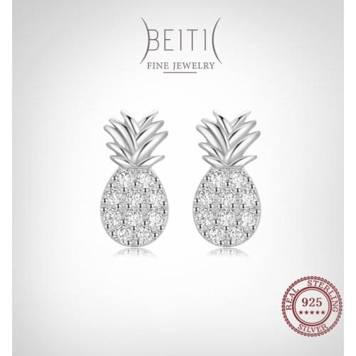 Beitil Real 925 Sterling Silver Summer Cute Fresh Fruit Pineapple Clear CZ Earrings For Women Girls Anti-allergy Fine Jewelry