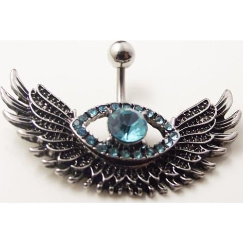 Free Shipping 14G 1.6mm Blue Crystal Angle Wing Belly Ring Eye Navel Button Ring Body Jewelry Cute