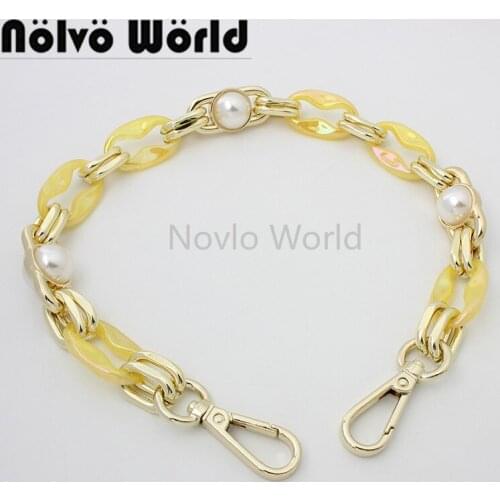 1-5-20 pieces 48cm length yellow color aluminum and resin meterial chains with snap hooks pearls for handbag woman purse