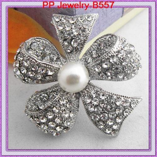 Vintage Style Rhodium Plated Pearl Bow Tie Brooch With Crystals