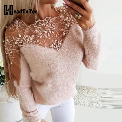 Crochet Lace Beaded Fluffy Sheer Mesh Sweater