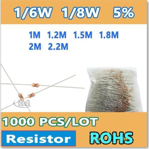 JASNPROSMA 1000PCS/LOT 5% 1/6W 1/8W 1M 1.1M 1.2M 1.5M 1.8M 2M 2.2M carbon film DIP OHM 1 1.1 1.2 1.5 1.8 2 2.2 Resistor