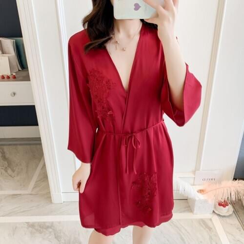 Burgundy Bride Bridesmaid Wedding Robe Set Female 2PCS Flower Kimono Bathrobe Sexy Lace Trim Satin Nightgown Summer Home Wear