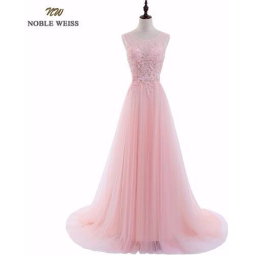 NOBLE WEISS Sexy O-Neck A-Line Sweep Train Tulle Lace Evening Dress Bare Back Cheap Prom Dresses Robe De Soiree Party Dress