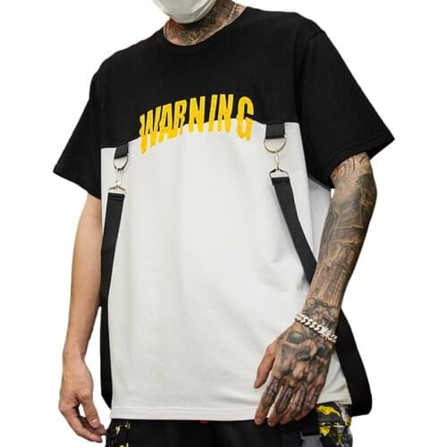 Men personality ribbons patchwork punk rock t shirt street style hip hop tee shirts men Korean vintage casual clothing