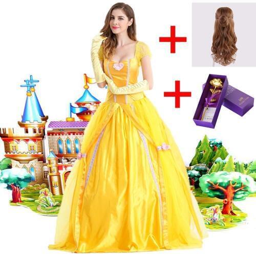 Movie Princess Belle Beauty And The beast Rose Fancy Dress Cosplay Costume adult halloween costumes for Women Bell Dress wigs