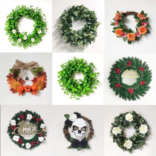 Autumn Pumpkin Wreath Halloween Skull Home Decoration Green Eucalyptus Flower Garland Christmas Artificial Decor