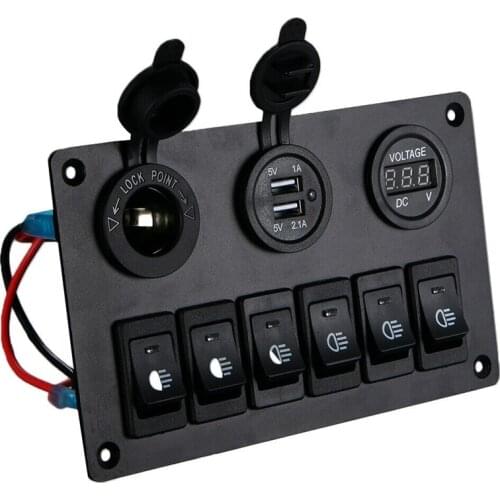 6 Gang Switch Panel with 12V-24V LED Digital Voltmeter Dual USB Charger Lighter Socket for RV Truck Boat SUV