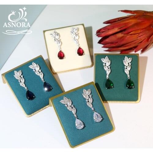 ASNORA Cubic Zirconia Crystal Pendant Earring, Brides Long Leaf And Water Drop Luxury Crystal Earrings