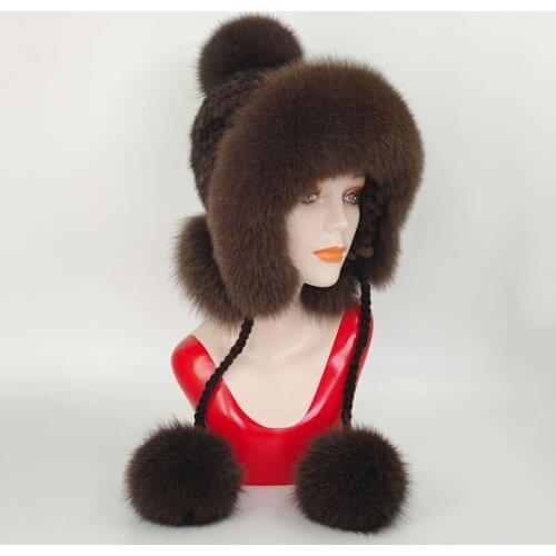 Real Mink Hat With Fox Fur Ball Velvet Winter Earmuffs Protective Cap Knitted WomenS Russian Fox Fur Aviator Hat Free Shipping