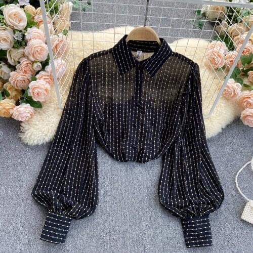 Chiffon Long Sleeve Shirt Women French Retro Lantern Sleeve Loose Ladies Shirt Polka Dot Top