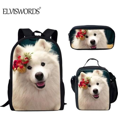 ELVISWORDS Kawaii Samoyed Print Boys Girls Lovely Dog School Backpack Primary Student Schoolbag Set Shoulder Book Bag mochila
