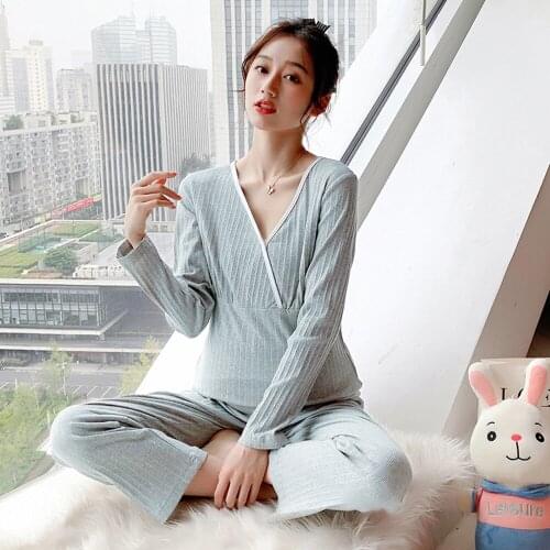 Fdfklak Spring New Mother Lounge Clothes Maternity Long Sleeve Nursing T-shirt Tops+Pants Pajamas Set Suit Comfatable Daily