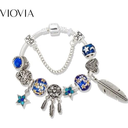 VIOVIA New Fashion Dreamcatcher Bracelet For Women Silver color Blue Crystal Feather Charm bracelet Dream Catcher Jewelry B19030