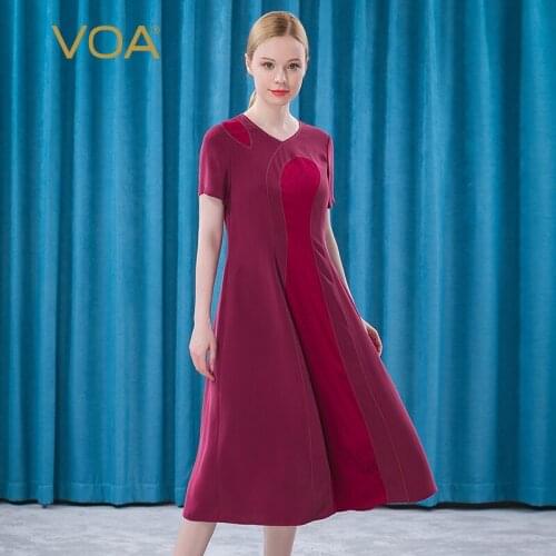 VOA Heavyweight Silk 30m/m Dark Red V-neck Short Sleeve Asymmetric Jacquard Stitching Waist Yellow Line Decorative Dress AE537