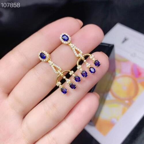 KJJEAXCMY Supporting detection 925 sterling silver inlaid natural sapphire female tassel earrings support detection