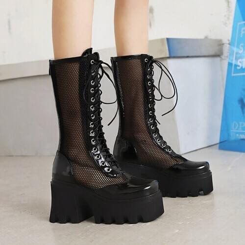 Womens Mesh Holes Mid Calf Boots Net Breathable Platform Wedge High Heel Shoes PU Leather Sandals Lace Up Black White 2021