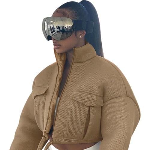 Women Zip Up Crop Jacket 2021 Autumn Winter Casual Long Sleeve Solid Color Stand Collar Drawstring Mesh Coat with Pockets S-L