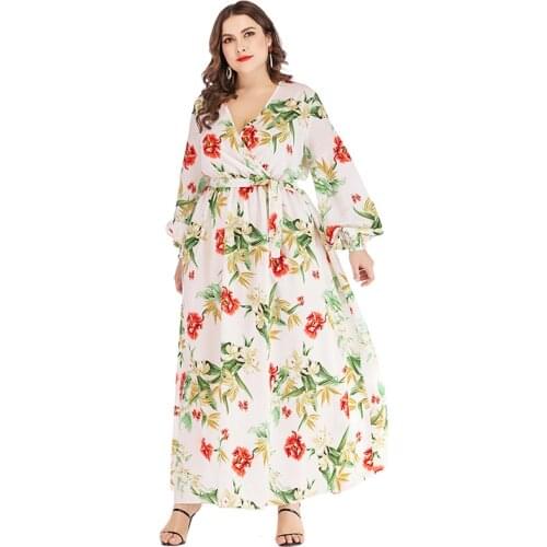 DOIB Women Floral Print Dress Plus Size Cross V Neck Full Puff Sleeve Large Size Long Dress Maxi Sashes Big Dress 6XL