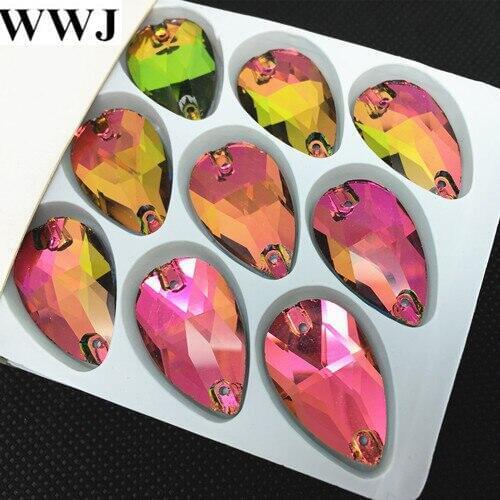 15Pcs/Lot Rainbow Color Teardrop Sew On Stone Flatback 2 Holes 17x28mm Pear Drop Sewing Glass Crystals 2Holes Dress