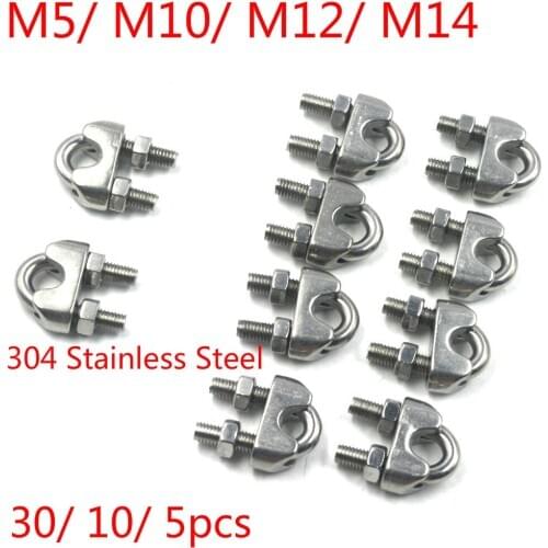 304 Stainless Steel M5/ M10/ M12/ M14 Cable Wire Rope Clamp Clip Fit 2-24mm Thickness Steel Rope 30/ 10/ 5pcs