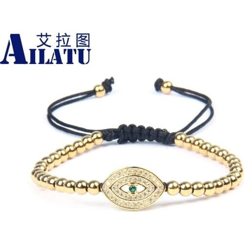 Ailatu Wholesale New Turkish Green Eye Braided Religious Bracelet with 4mm Stainless Steel Beads Not Fade