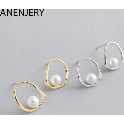 ANENJERY 925 Sterling Silver Hollow Irregular Geometric Circle Stud Earrings Pearl Ear Jewelry For Women Gift S-E1158