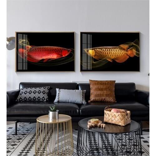 Golden Red dragon fish Chinese style Modern Nordic style Decorative Canvas Wall Art Posters for porch Living Room office decor