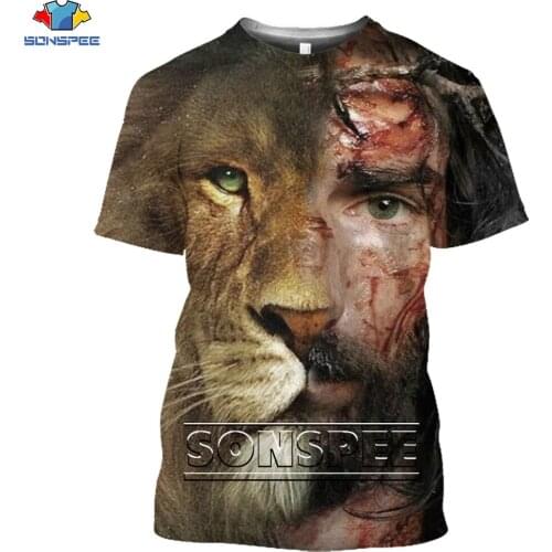 SONSPEE 3D Judas Lion Print T-shirt Judaism Christ Animal Cross Harajuku Tee Religious Gods Beauty Casual Top Oversized Mens T