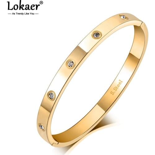 Lokaer New Design Mosaic Rhinestone Bangles & Bracelets Jewelry Classic Stainless Steel CZ Crystal Wedding Female Bangle B17052