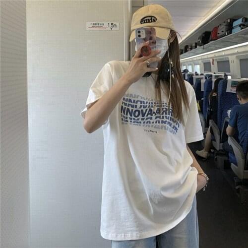 Letter printing trendy hip-hop loose Hong Kong style white short-sleeved womens wild loose