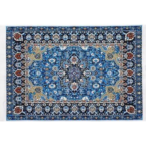 Odoria 1:12 Miniature Blue Floral Print Vintage Woven Carpet Rug Blanket Dollhouse Accessories Livingroom Bedroom Decor