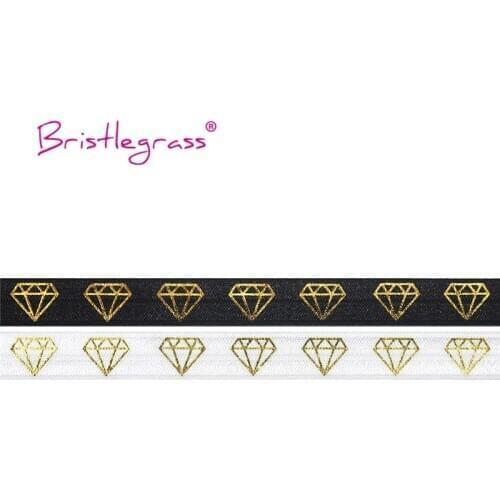 BRISTLEGRASS Wholesale 50 Yard 5/8" 15mm Gold Diamond Foil Print Fold Over Elastics FOE Spandex Bands Hair Tie Dress Sewing Trim