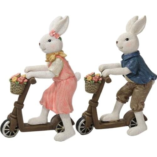 Happy Easter Bunny Scooter Figurine Ornament Rabbit Couple Resin Crafts Riding Rabbits For Holiday Party Home Decor Kids Gift
