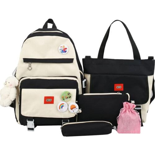 5-piece Fashion Womens Backpack Trend Badge School Bag For Girls Cute Pendant Contrast Color Student Shoulder Travel Backbag
