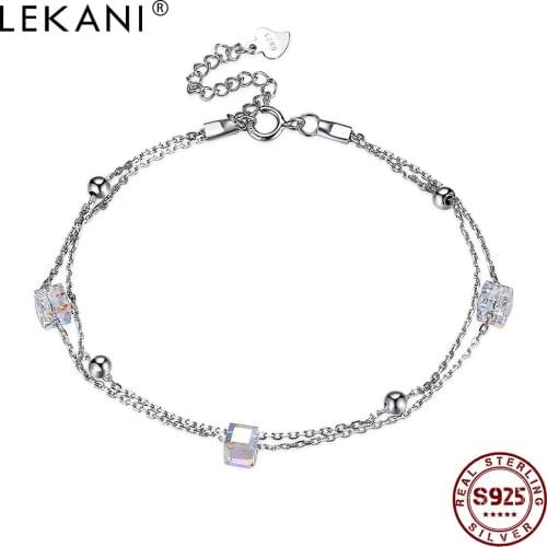 LEKANI Womens Bracelets 925 Sterling Silver Geometric Square Austria Crystal Adjustable Charm Bracelets Female Fine Jewelry