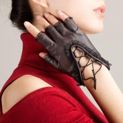 Semi-Finger Gloves Female Real Leather Sheepskin Half Finger Mittens Laceness Cute Anti-Slip Summer Driving Women Gloves K033