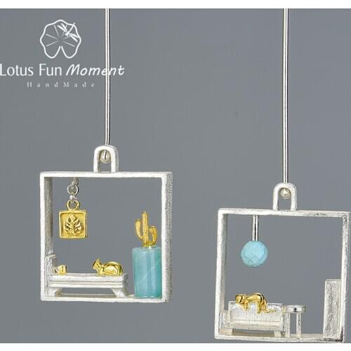 Lotus Fun Moment Real 925 Sterling Silver Lazy Cat at Home Drop Earrings Handmade Fine Jewelry Square Big Earrings for Women