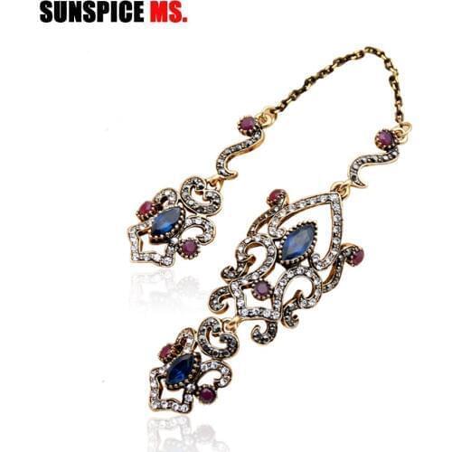 SUNSPICE MS Vintage Turkish Women Flower Double Link Ring Sets Arabesque Crystal Jewelry Antique Gold Color Wedding Anillos 2019