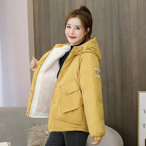 Winter Parkas Plus Velvet Warm Hooded Cropped Jacket Women Loose Print Cotton Padded Coat Tooling Style Big Size Female Clothes