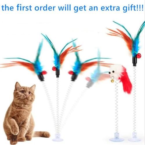 8PCS Cat Teaser Spring Toys Sticks Cat Interactive Plush Spring Wand Ball Toy Cat Feather Mouse Bell Toy With Bottom Sucker