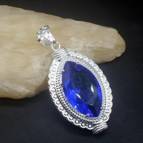 Gemstonefactory Jewelry Big Promotion 925 Silver Marquise Blue Topaz Charms Women Ladies Mom Gifts Necklace Pendant 20213792