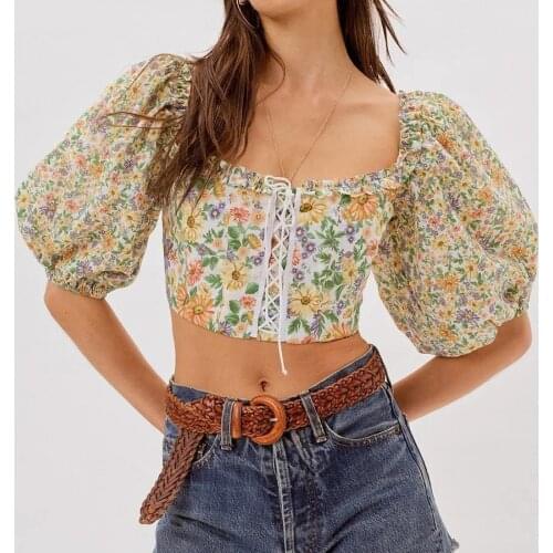 GypsyLady Floral Printed Cropped Shirt Blouse Vintage Boho Summer Chic Women Shirts Blouse Puff Sleeve Holiday Ladies Shirt Tops