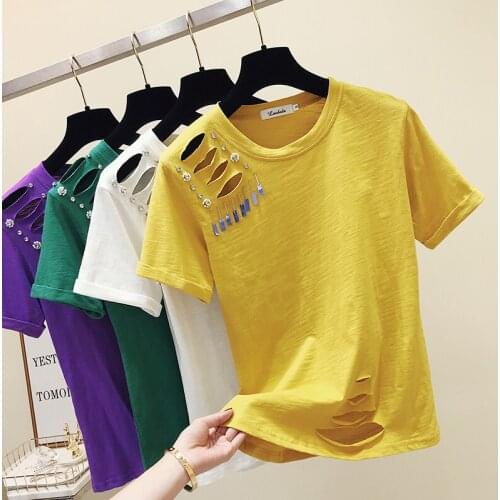 HF-2F-211-923 Hollow out beggar Ripped T-shirt Women