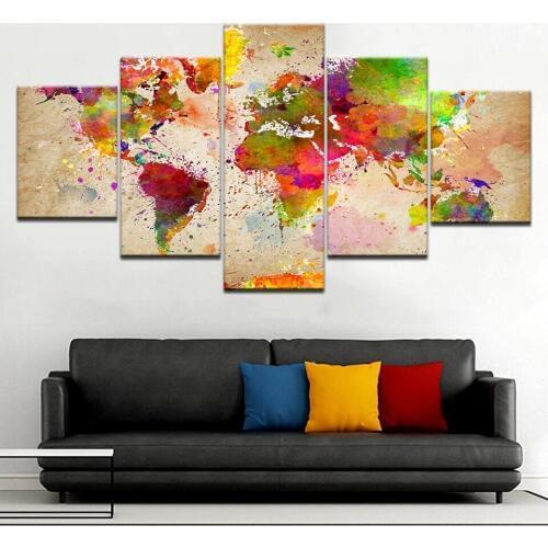 World Map Multicolor Wall posters Canvas Art painting 5 Panel HD Print For home living room decoration