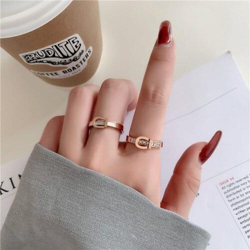 Titanium Steel Ring Simple Steel Stainless Leather Belt Shape Ring Shell Crystal Inlay Women and Girl Trendy Jewelry