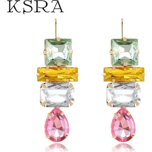 KSRA Vintage Crystal Geometric Za Earrings For Women Boho Splicing Colorful Water Dorp Dangle Earrings Female Statement Jewelry