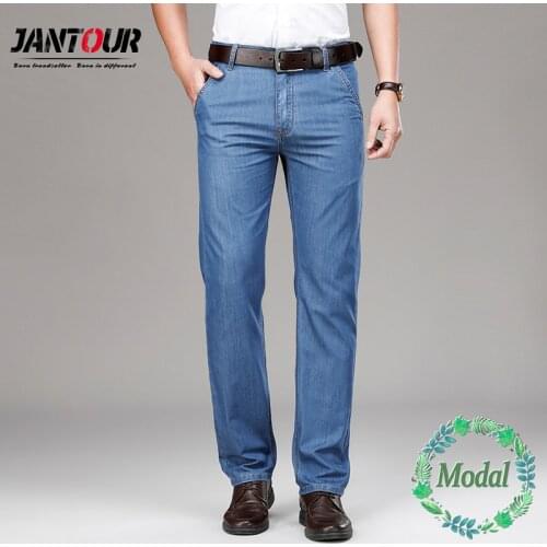 Summer Thin Modal Stretch Fabrics Mens Jeans Solid Color Vintage Pocket Light blue Pants High Quality Trousers Large size 40 42