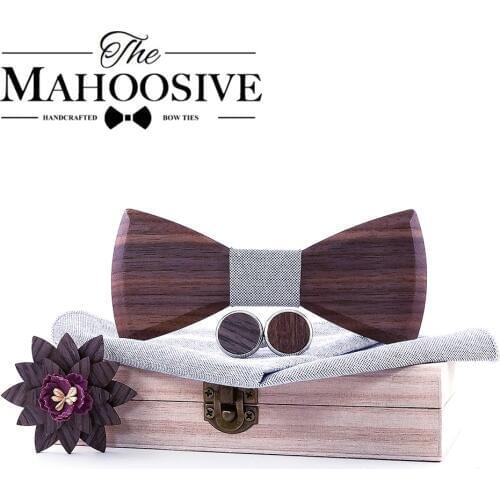 Wooden Bow Tie Handkerchief Set Men with cufflinks lapel flowers Floral design wood Box Fashion Novelty men ties