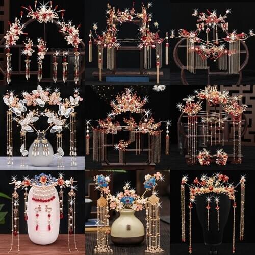 Vintage Red Phoenix Crown Hair Decoration Handmade Tassel Hair Clip Earring Set Women Hair Jewelry Bride Chinese Style Headdress